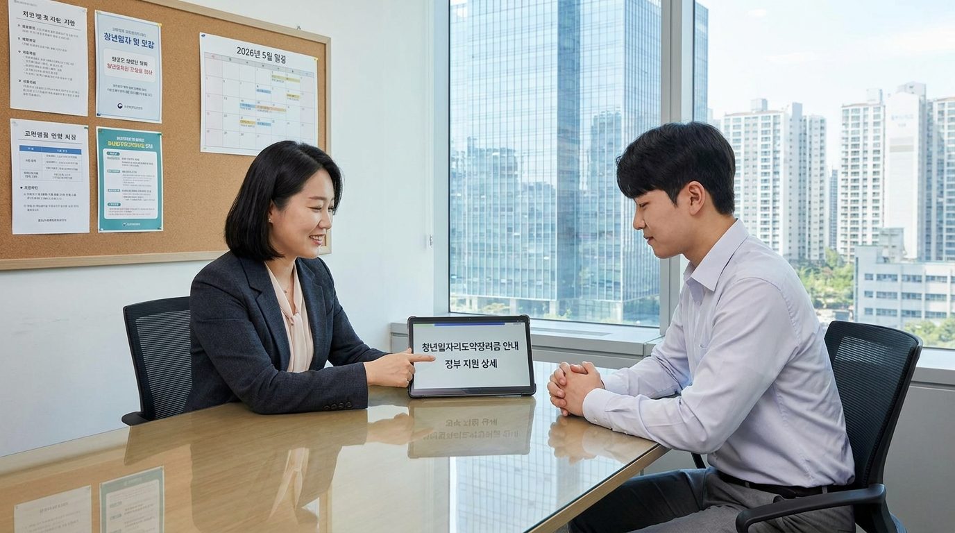 면접에서 청년일자리도약장려금 제도에 대해 설명하는 인사담당자와 지원자 모습
