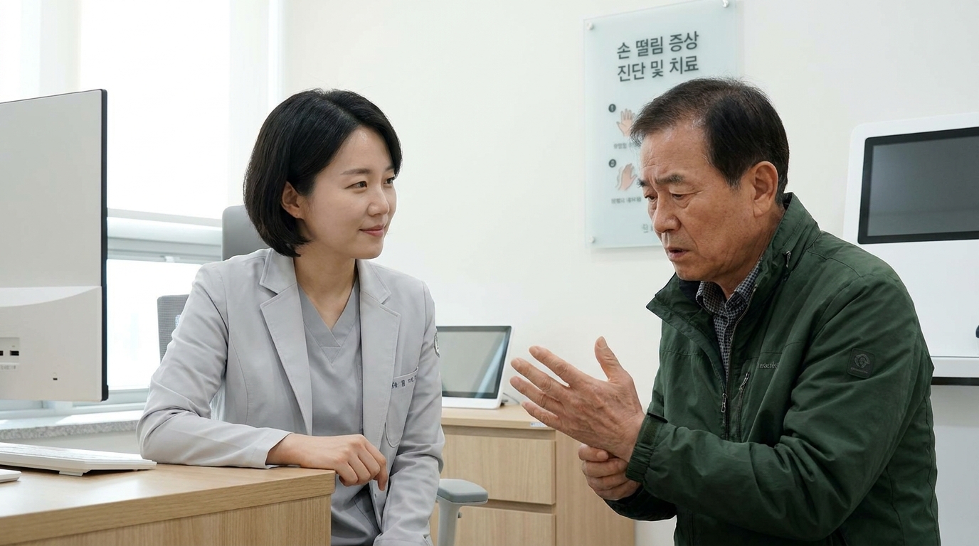 한국의 현대적인 의료 클리닉에서 손 떨림 증상으로 진료 받는 환자와 의사 모습