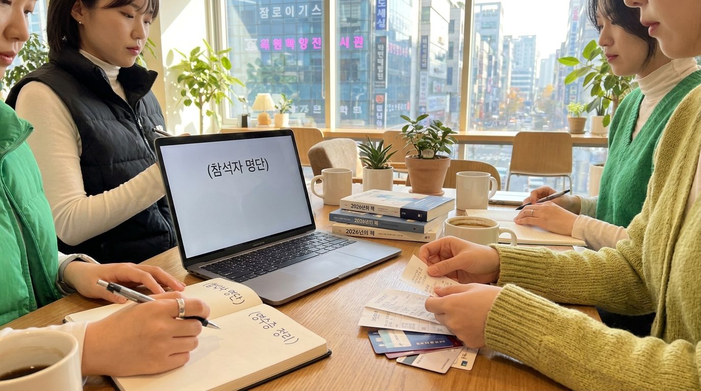 밝은 봄 캐주얼 복장을 입은 다양한 한국 여성들이 사내 독서모임 참석자 명단과 영수증을 정리하는 모습