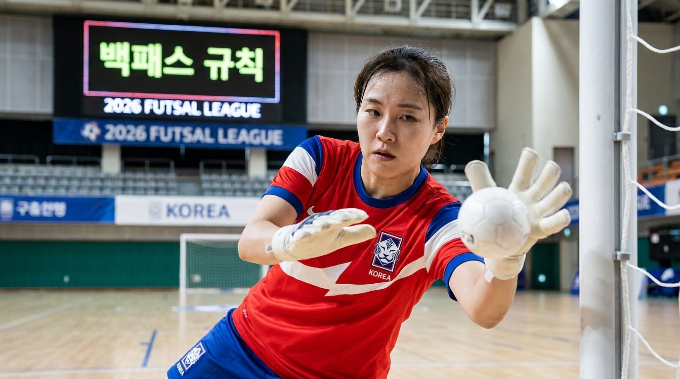 여자 풋살 골키퍼가 백패스 규칙에 따라 공을 막는 순간