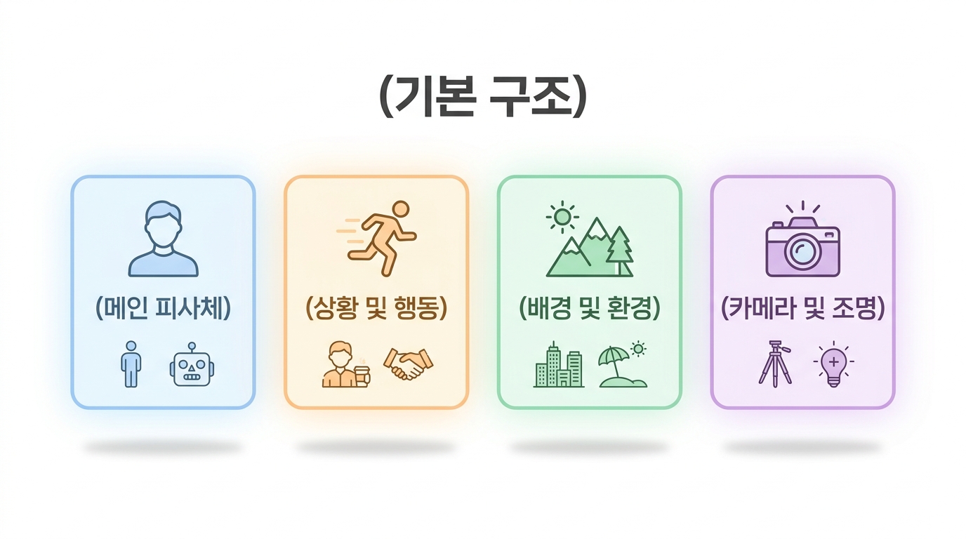 미드저니 프롬프트 기본 구조를 설명하는 인포그래픽 스타일 이미지