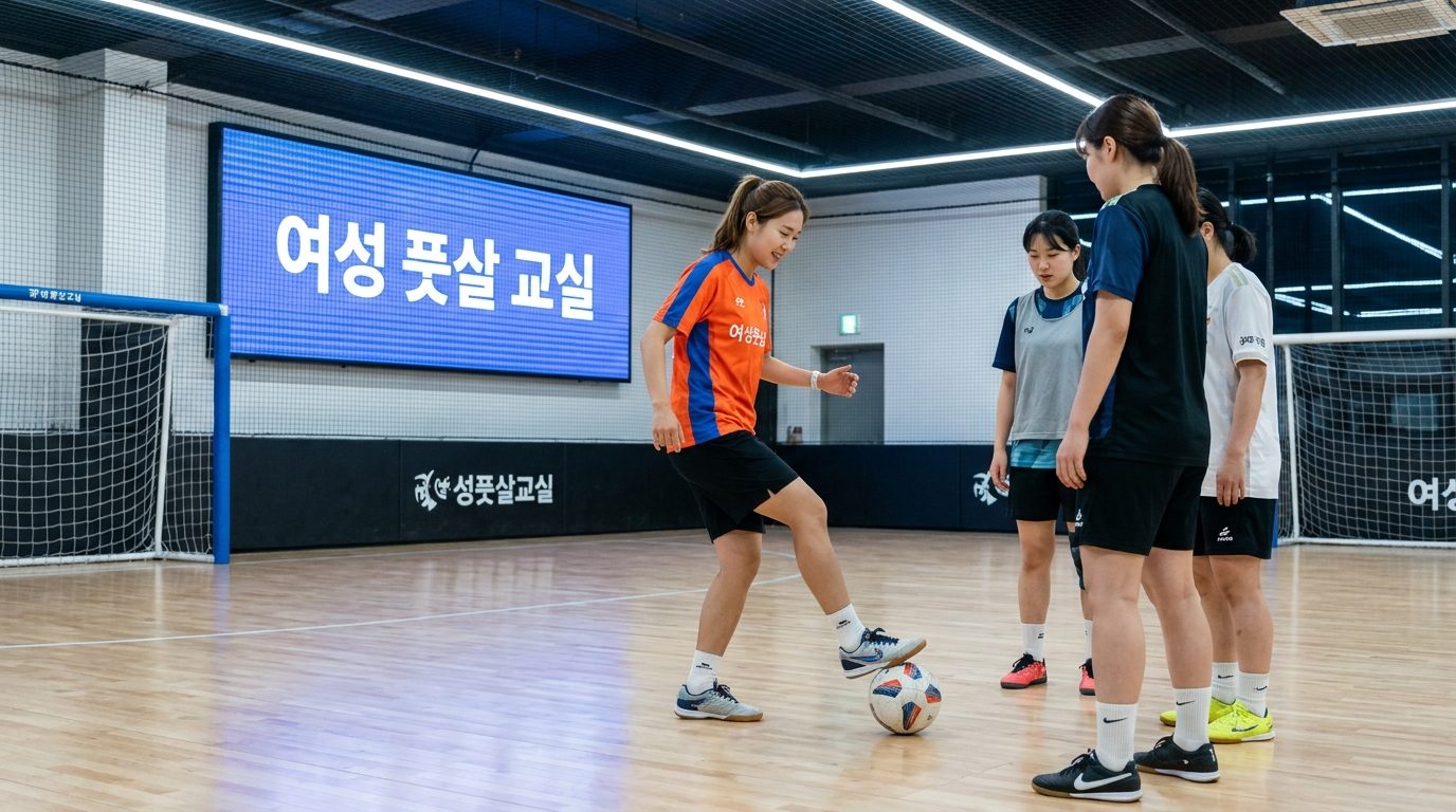 실내 풋살 코트에서 여성 선수들에게 교육하는 한국 여성 풋살 코치의 모습