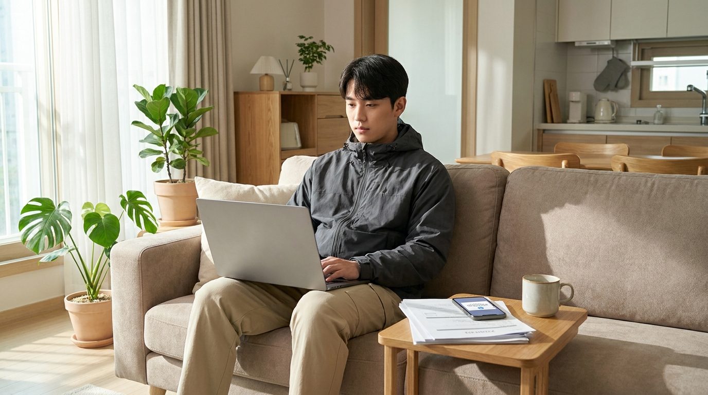 퇴사 후 주거급여: 편안한 현대 한국 아파트 내부에서 노트북으로 주거급여 신청 사이트를 확인하는 젊은 남성의 모습