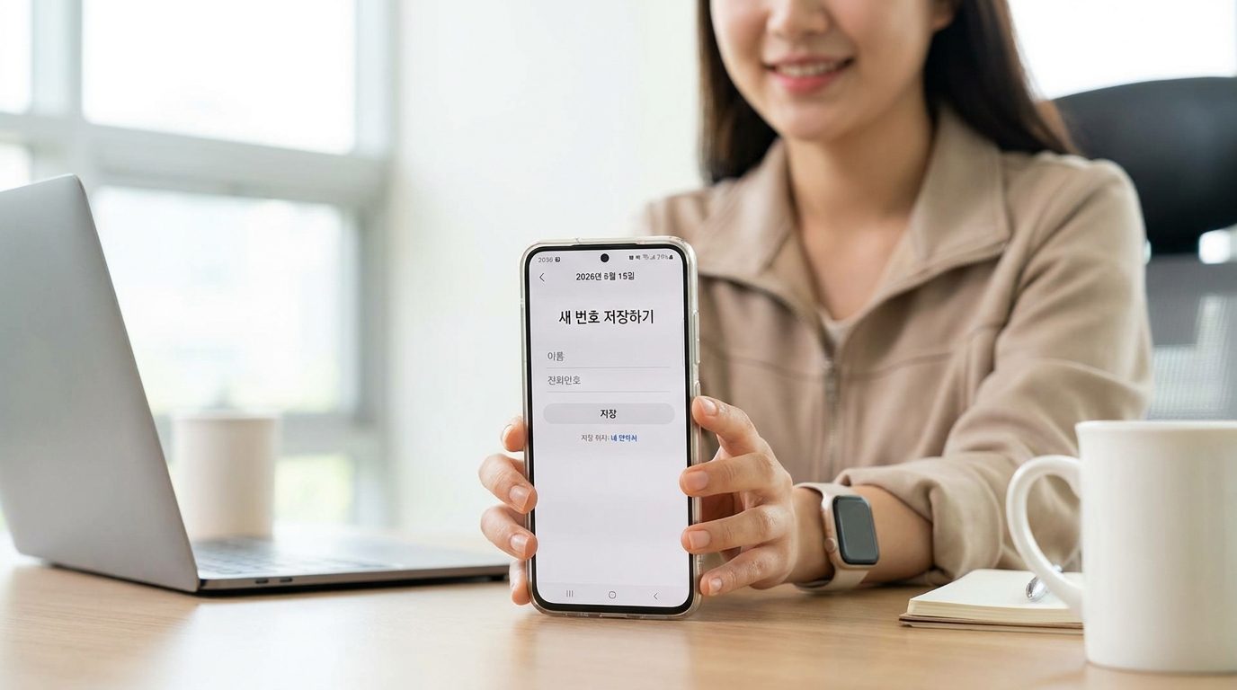 스마트폰 연락처 앱에서 새 번호를 저장하는 화면을 클로즈업으로 보여주는 이미지, 밝은 자연광 아래 세련된 캐주얼 복장의 한국인 여성이 사용 중, 화면에 한국어로 저장 위치와 새 번호 저장하기 문구가 보임