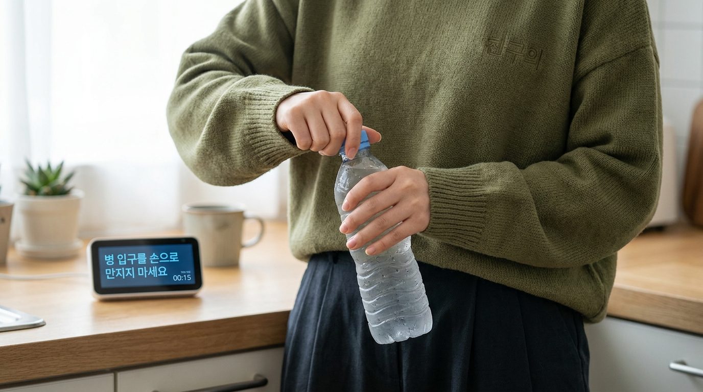 손으로 병 입구를 직접 만지지 않고 생수병을 조심스럽게 여는 모습을 클로즈업으로 담은 사진.