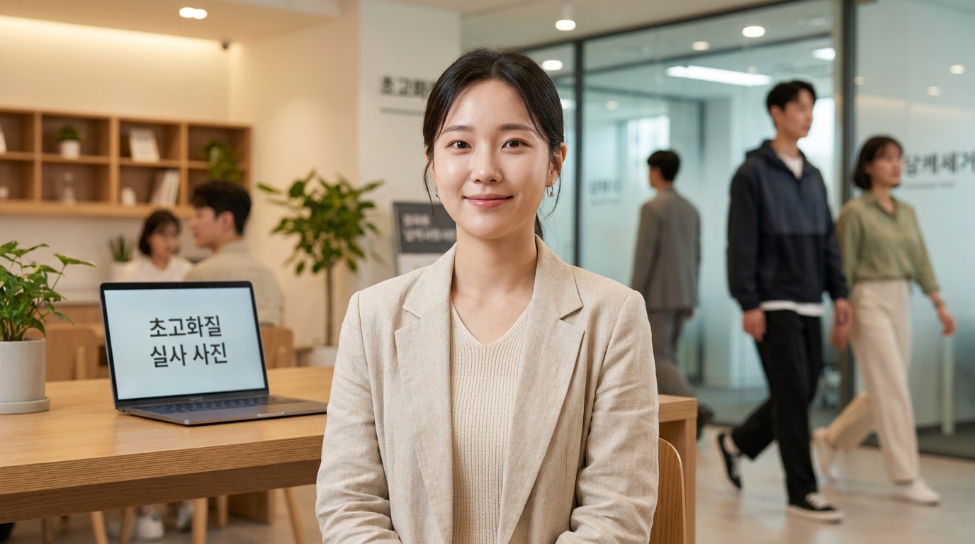 상세 피부 질감과 눈동자 반사를 강조한 초고화질 실사 한국인 여성 초상화