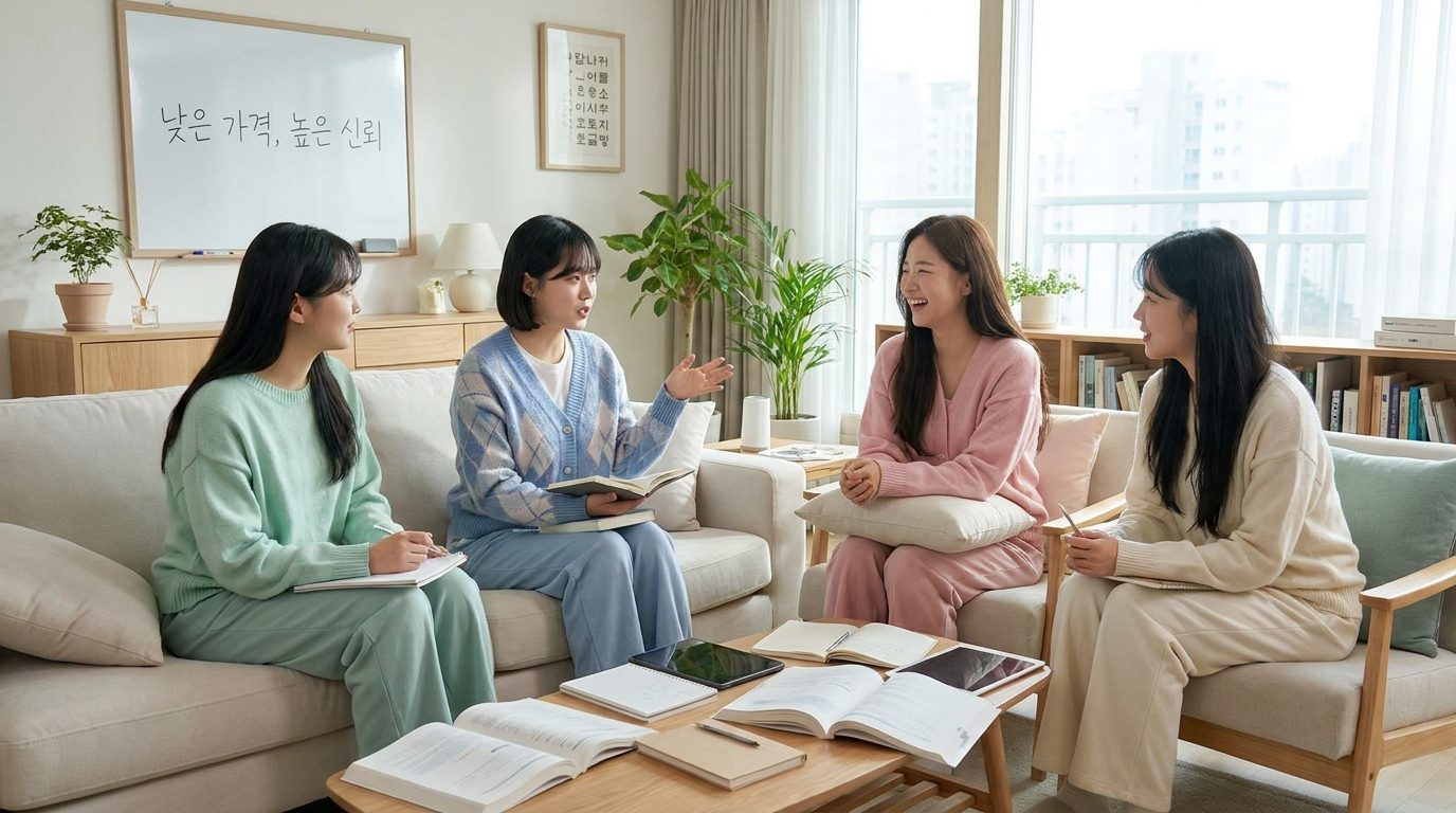 셀프 브랜딩 전략: 밝고 아늑한 방에서 다양한 색상의 옷을 입은 한국 여성들이 독서모임을 즐기며 서로 웃고 이야기를 나누는 모습