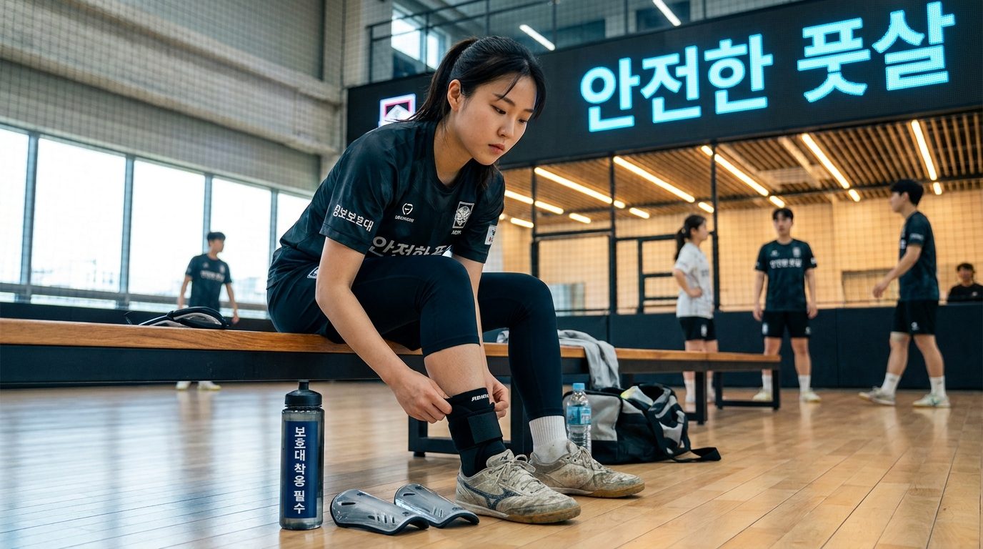 발목과 정강이 보호대를 착용하며 경기를 준비하는 한국 여성 풋살선수 모습