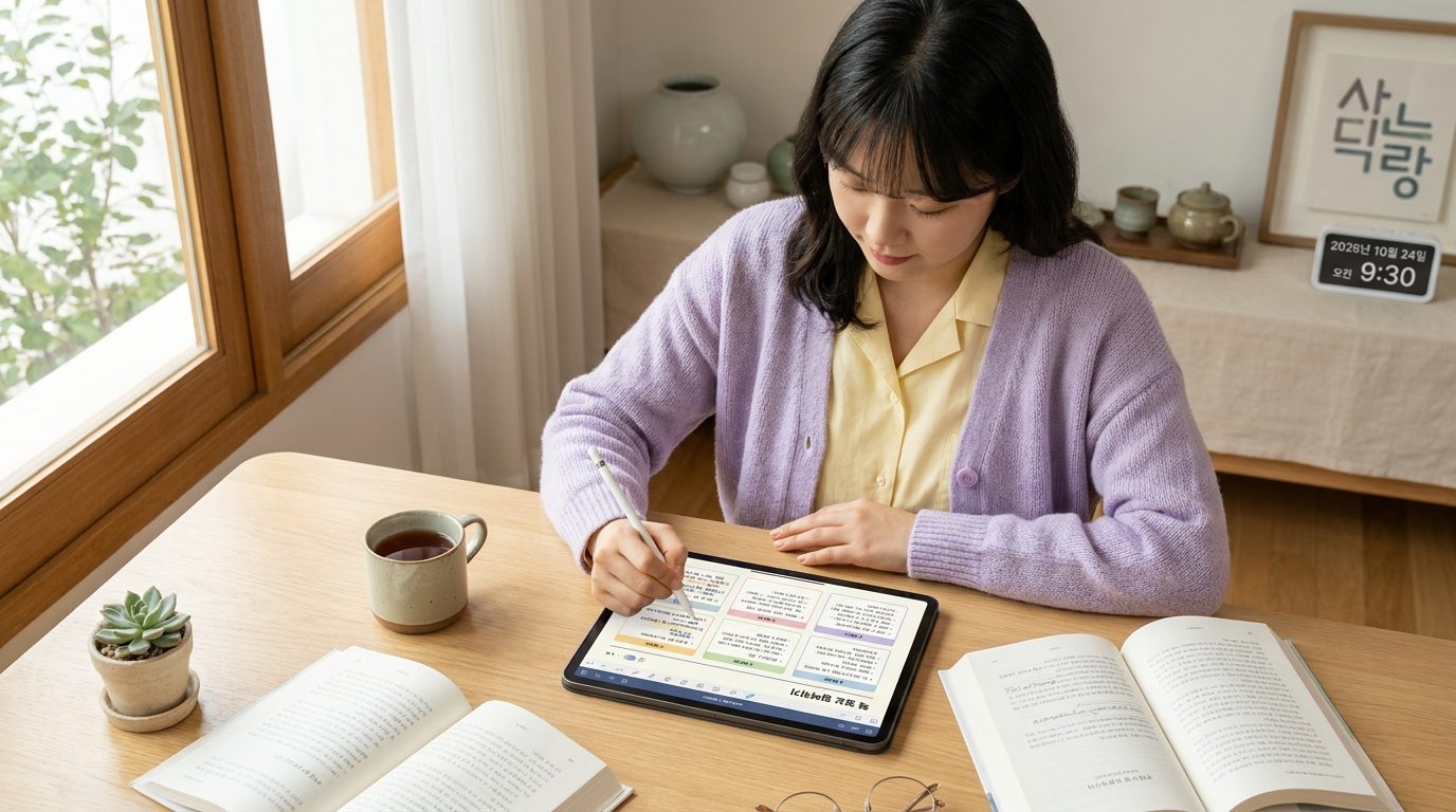 따뜻한 아침 햇살이 비치는 책상에서 아이패드로 굿노트 독서노트 템플릿을 사용해 책 정보를 정리하는 젊은 한국인 여성