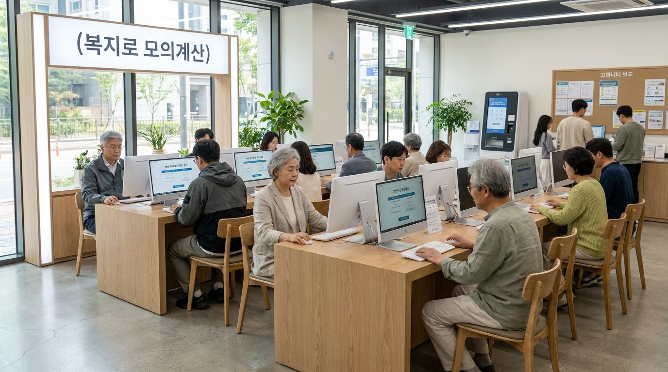 한국의 현대적 행정복지센터 내부, 복지로 모의계산 서비스 이용하는 다양한 연령층 한국인들 모습