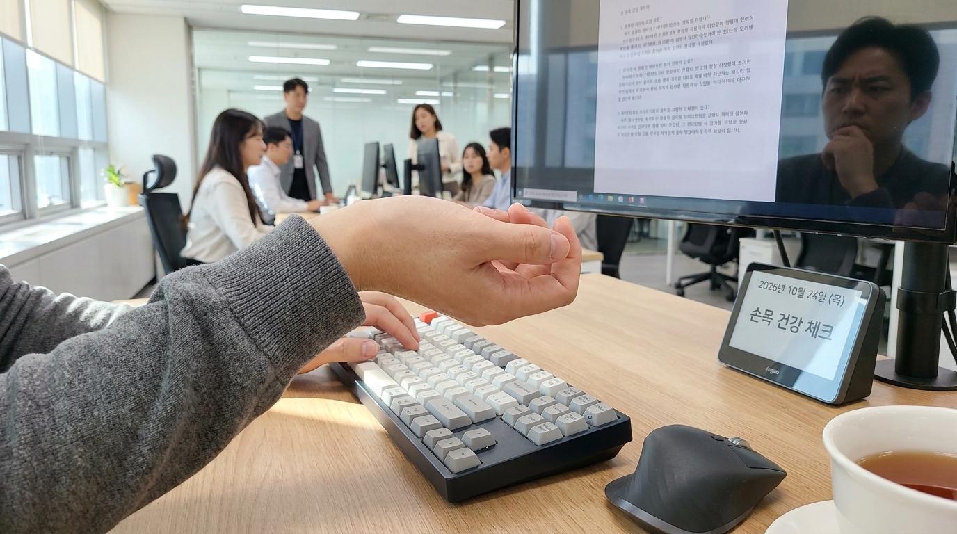 컴퓨터 작업 중 손목을 위로 살짝 굽힌 채 키보드를 사용하는 모습의 고화질 실사 이미지
