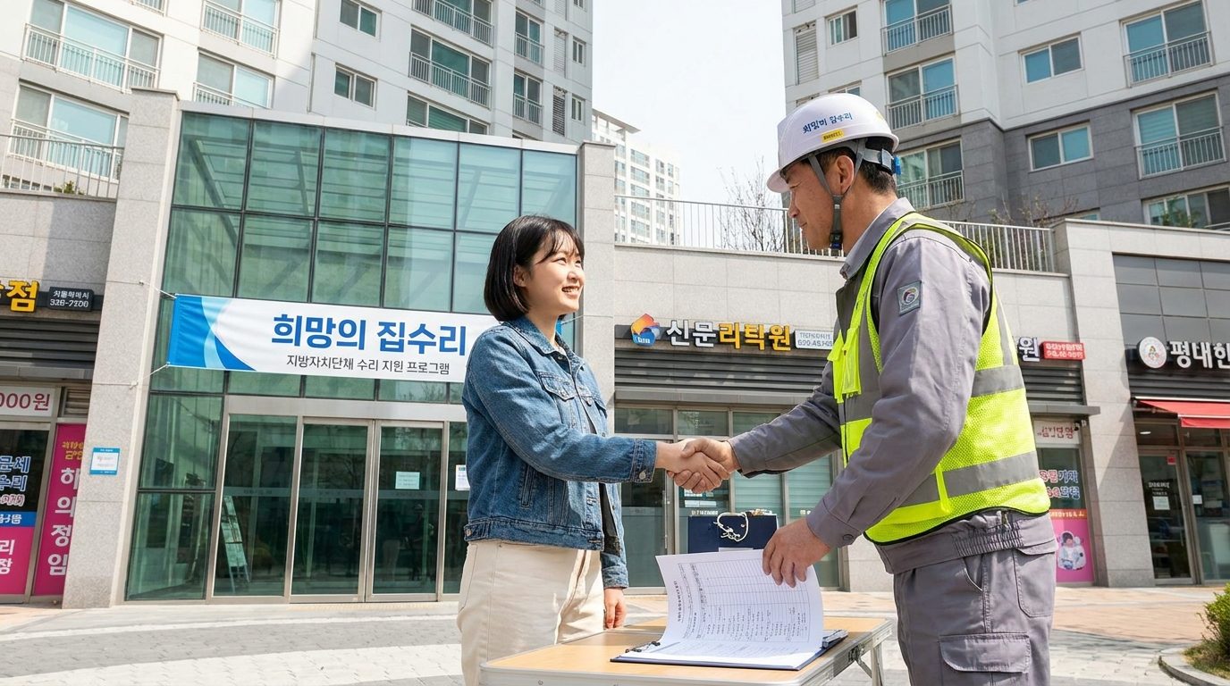 서울시 희망의 집수리 지원 사업 현장, 젊은 여성과 작업자가 계약서에 서명하는 모습