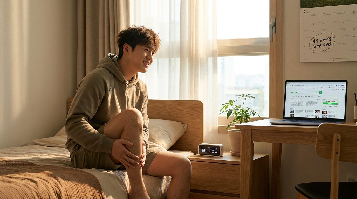 풋살 스트레칭: 풋살 경기 다음 날 아침에 허벅지 통증으로 고통스러워하는 한국인 남성의 실사 이미지