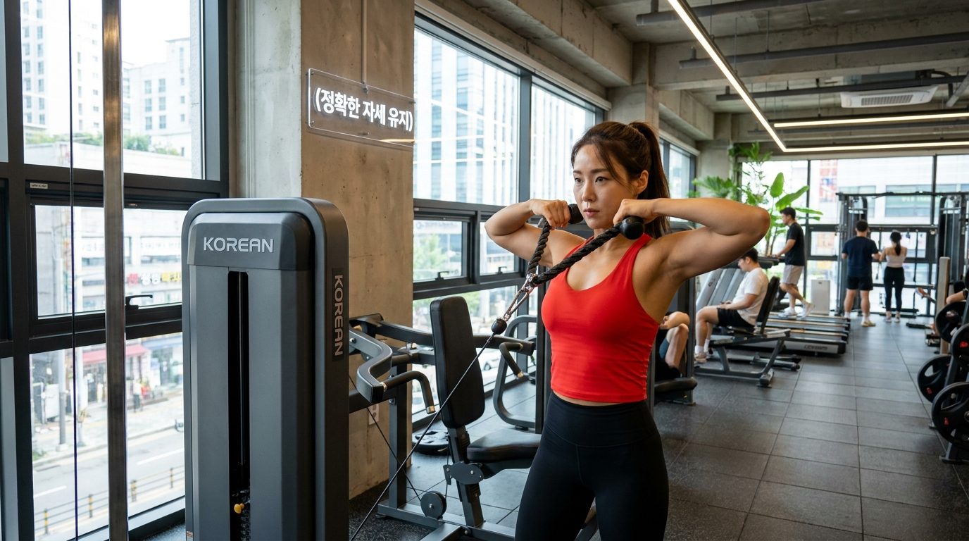 정확한 자세로 페이스풀 운동을 하는 한국 여성의 체육관 고화질 실사 이미지