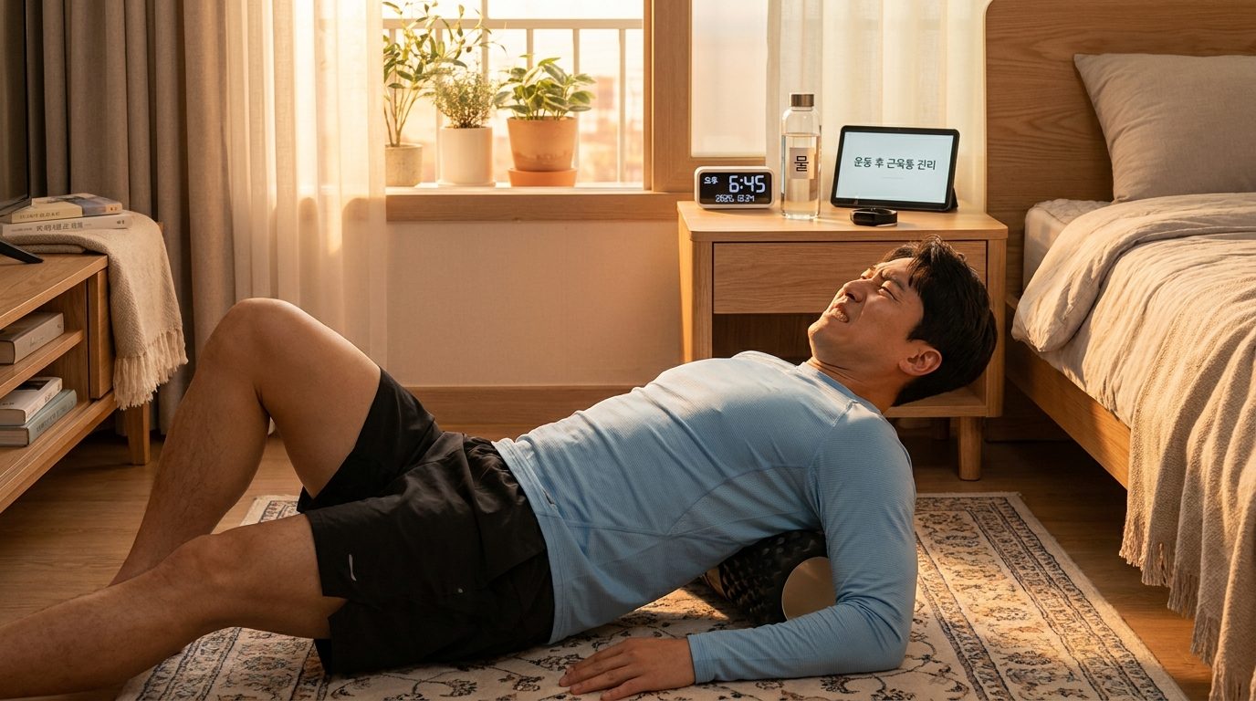 침실에서 등 윗부분에 폼롤러를 사용하며 휴식하는 한국 남성의 모습