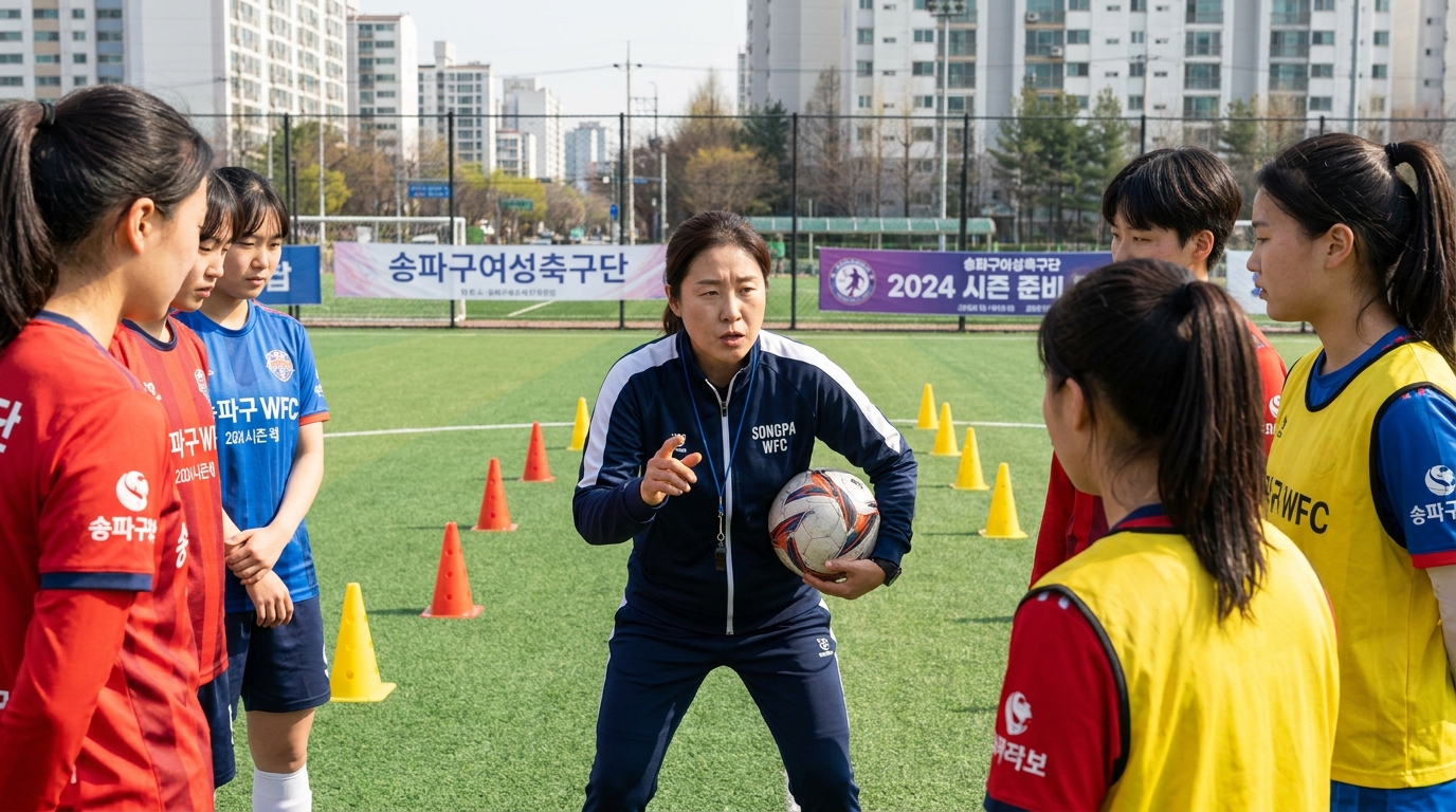 송파구 여자축구단 코치가 선수들에게 훈련을 지도하는 모습
