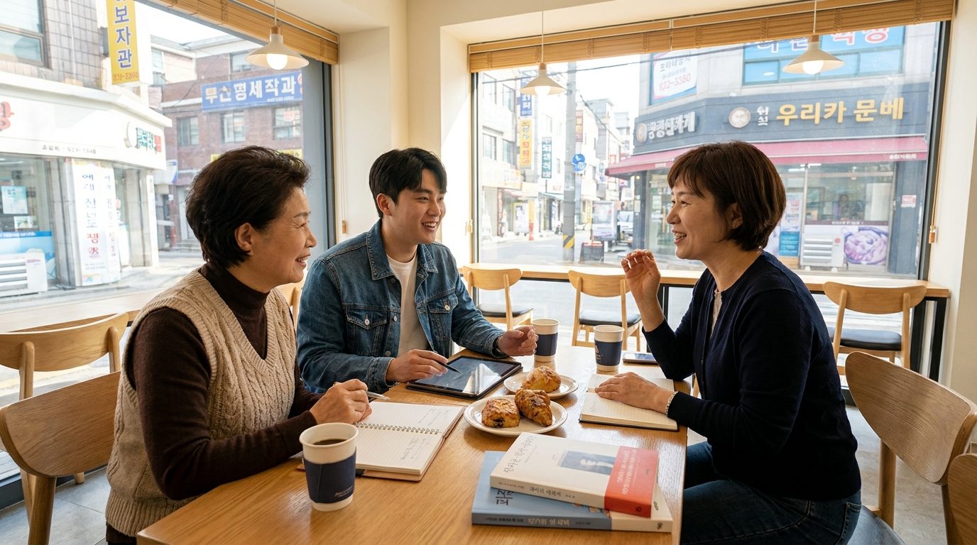 현대 카페에서 책 구매 후기에 대해 토론하는 한국 독자들