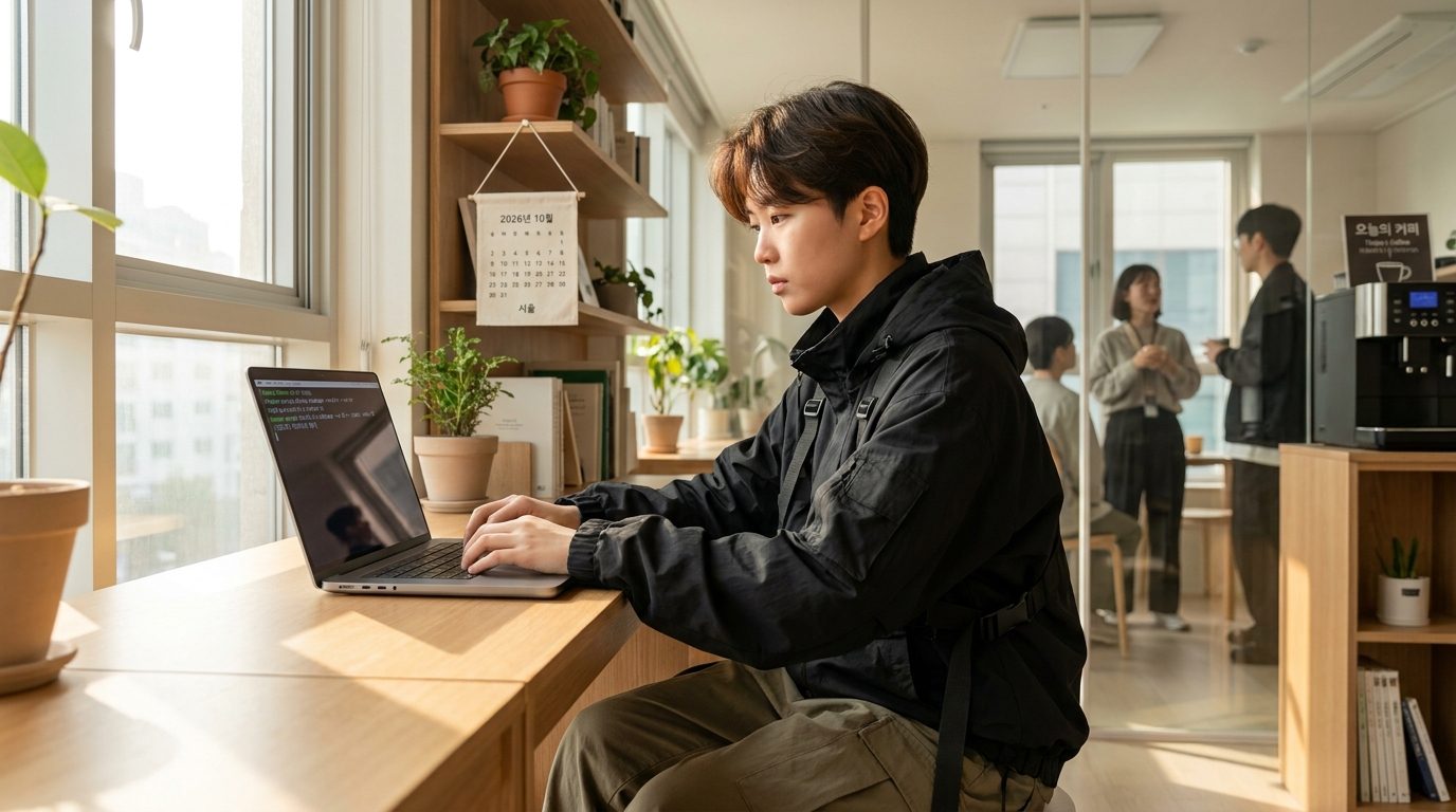 미드저니 파라미터 입력 화면을 보며 업무 중인 2026년 한국의 젊은 디지털 아티스트의 실사 이미지