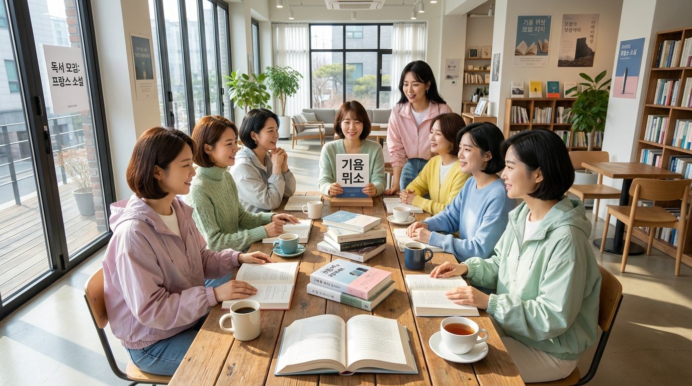 독서모임에서 기욤 뮈소 소설을 논의하며 즐겁게 대화하는 여성들이 모여 있는 모습의 고화질 실사 이미지