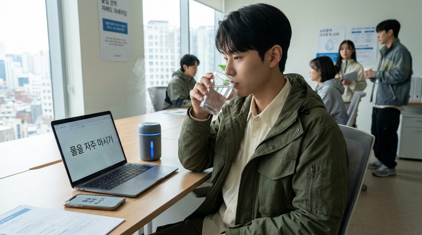 책상에서 노트북 옆에 물 컵을 들고 물을 자주 마시는 한국 젊은 직장인