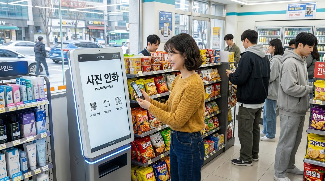 스마트폰 사진 인화 방법: 무인 사진 인화기에서 QR코드를 스캔하며 사진을 인화하는 한국 여성의 모습