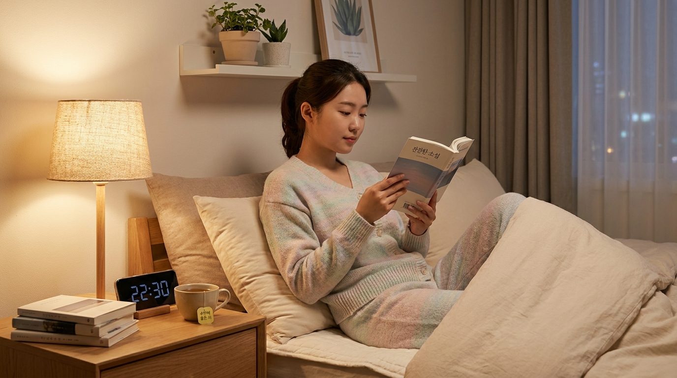 침대에서 따뜻한 조명 아래 종이책을 읽는 한국 여성의 모습