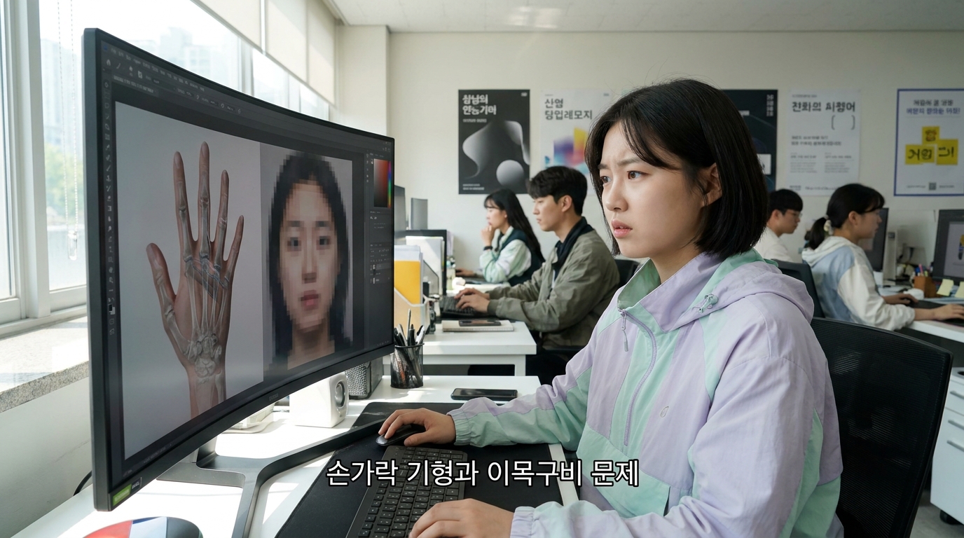 AI 이미지 생성 과정에서 손가락 해부학적 복잡성과 이목구비 픽셀 문제를 보여주는 현대적인 한국 디지털 아티스트 스튜디오 장면