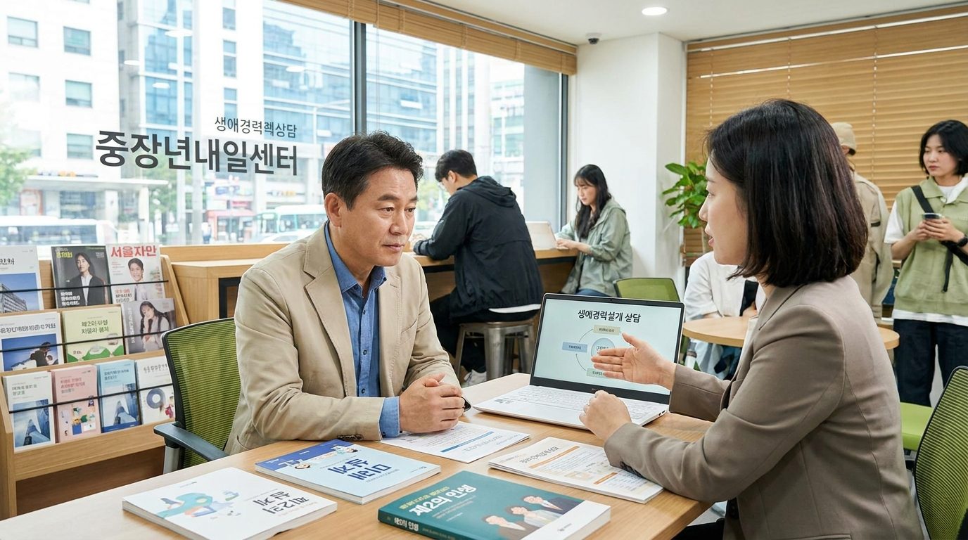 중장년내일센터에서 경력 상담을 받는 50대 한국 남성의 모습
