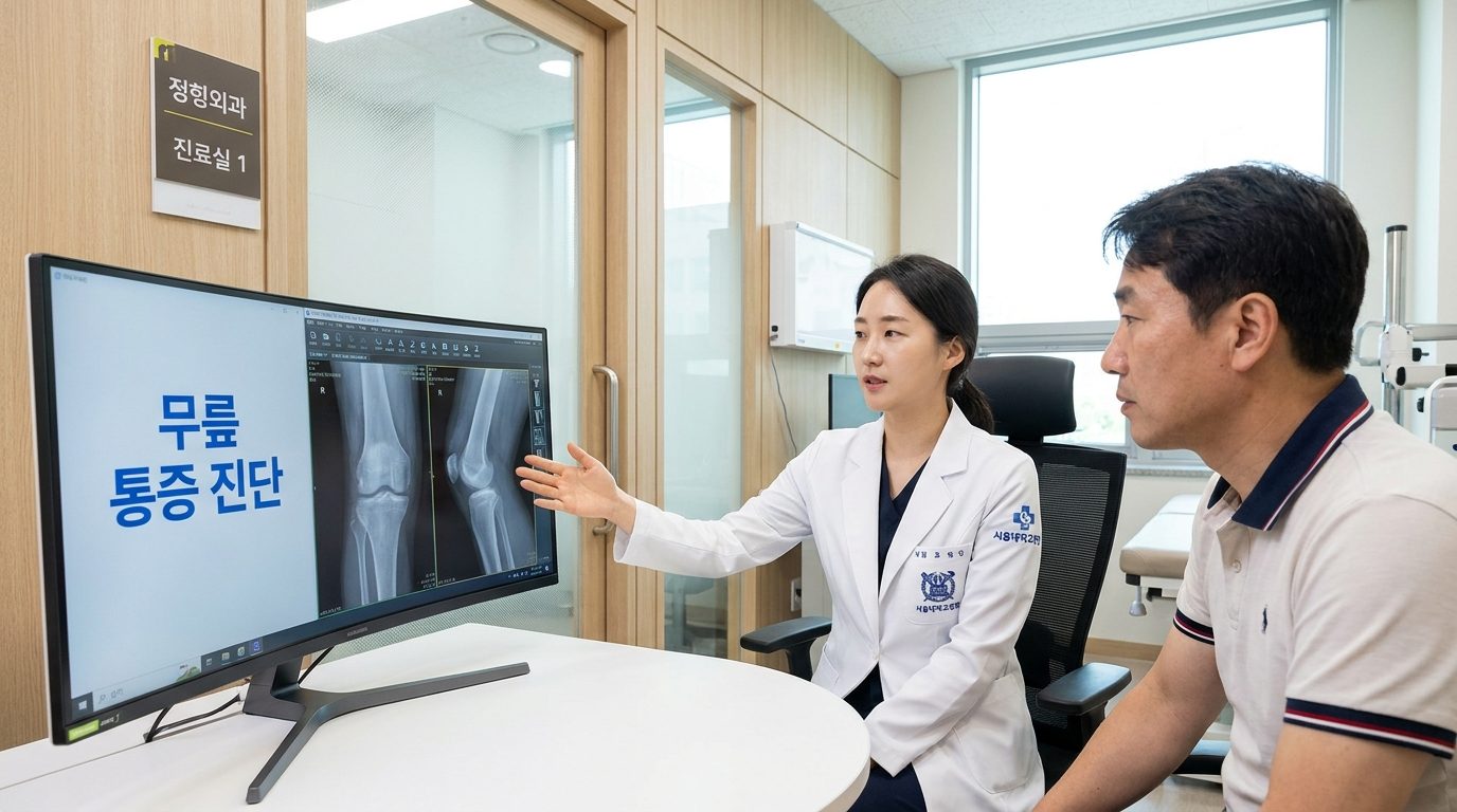 현대 한국 병원의 정형외과 진료실에서 의사가 한국인 환자에게 무릎 엑스레이를 설명하는 모습