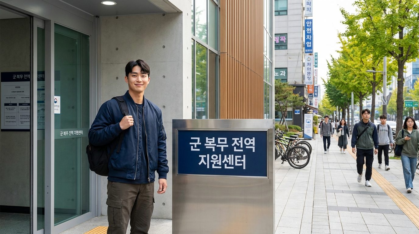 전역 후 지원금: 전역 후 새로운 시작을 앞둔 젊은 한국 남성이 군 복무 전역 지원센터 앞에 서 있는 모습