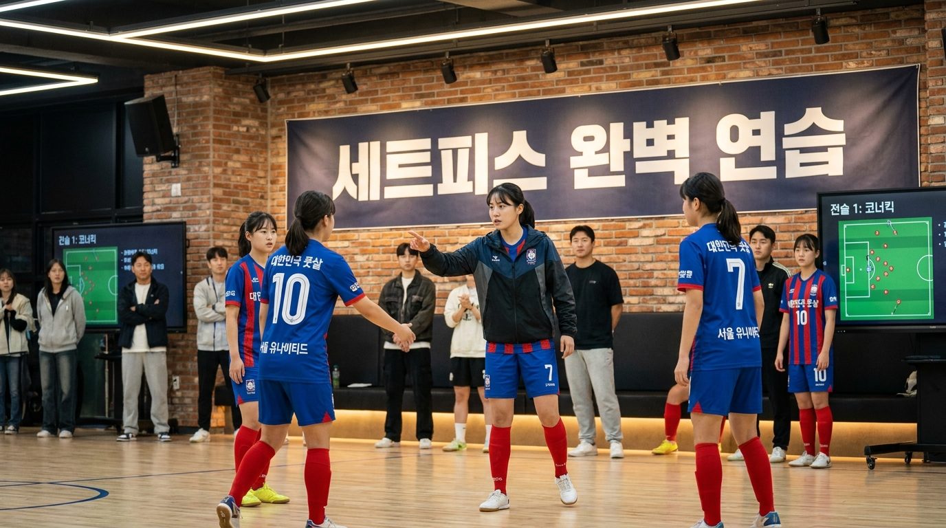 세트피스 전술을 연습하는 아마추어 여자 풋살팀의 팀워크 장면