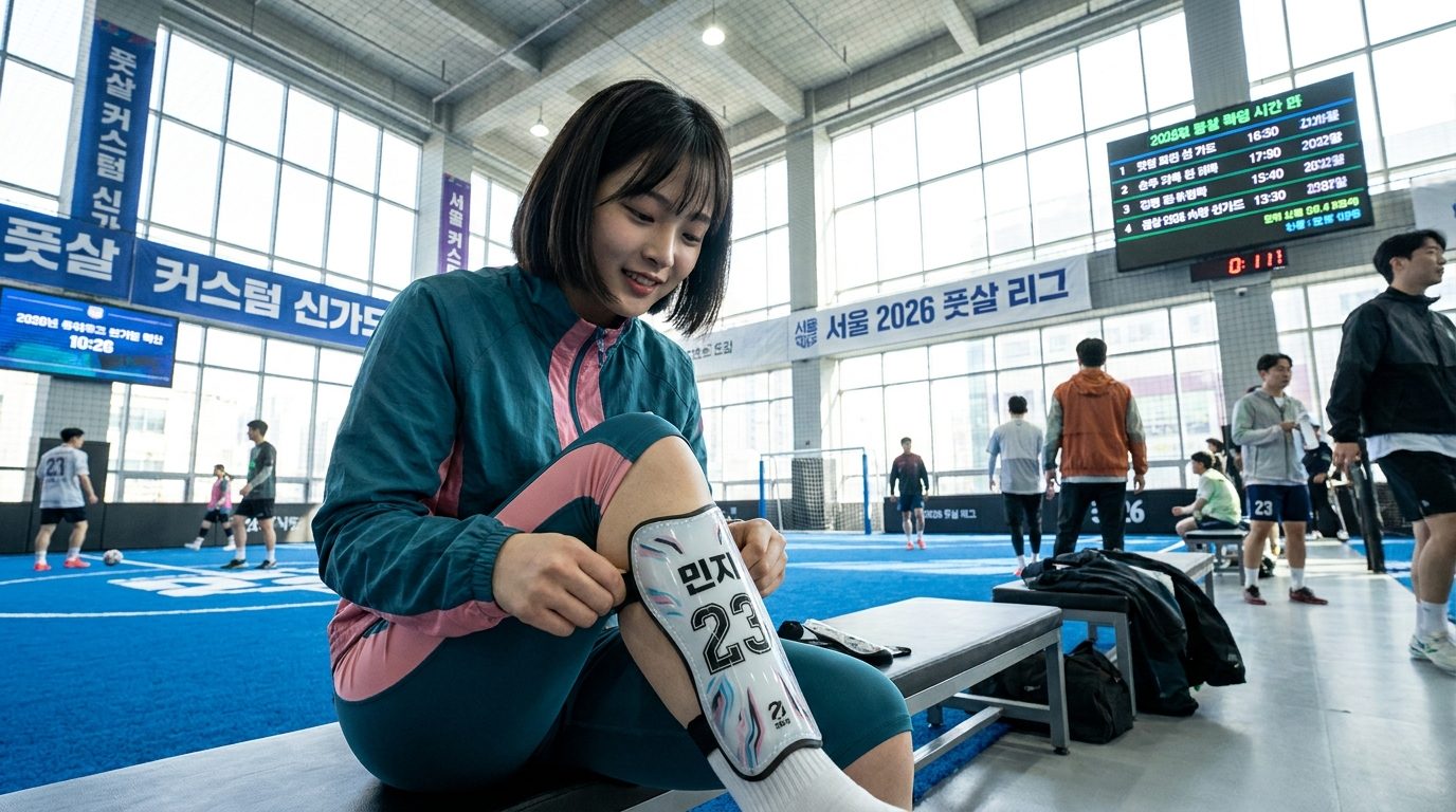 여성 풋살 선수가 커스텀 신가드를 착용하는 모습으로 밝고 현대적인 풋살 코트 배경이다.