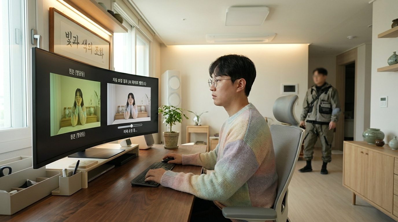 형광등 색 번짐 전후 사진 비교를 하는 한국 홈 스튜디오 풍경