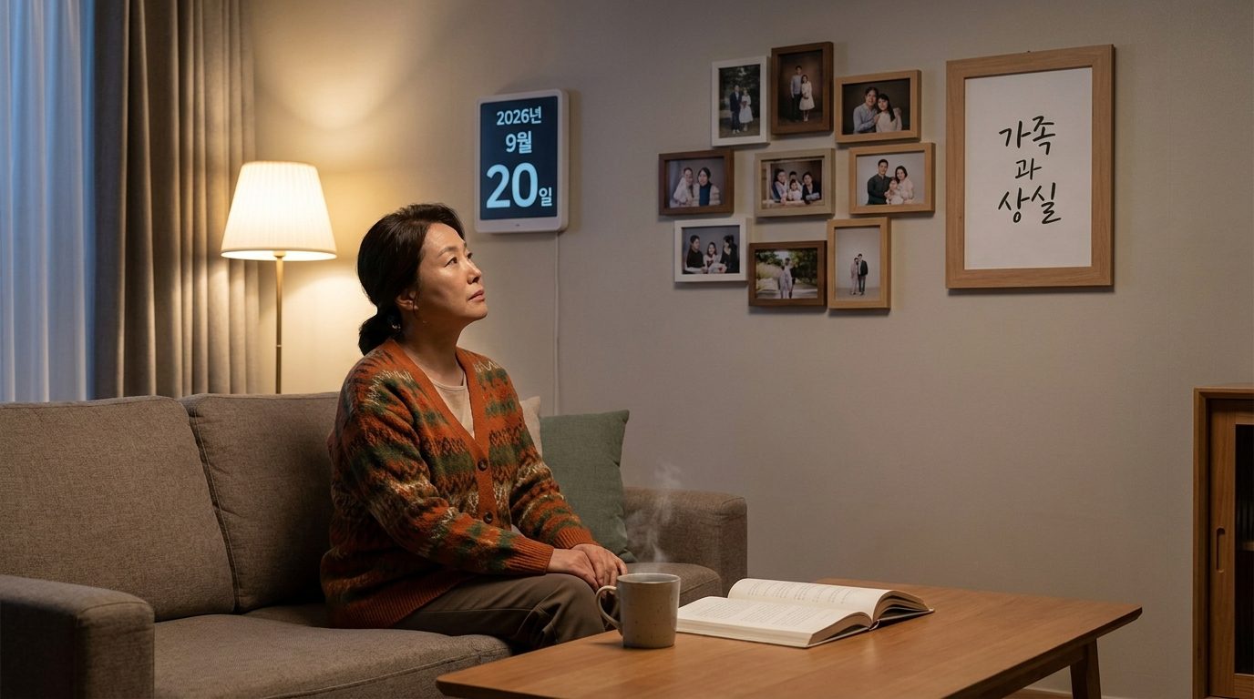 가족과 상실을 주제로 한 현대 한국 가정에서 사색하는 여성의 이미지