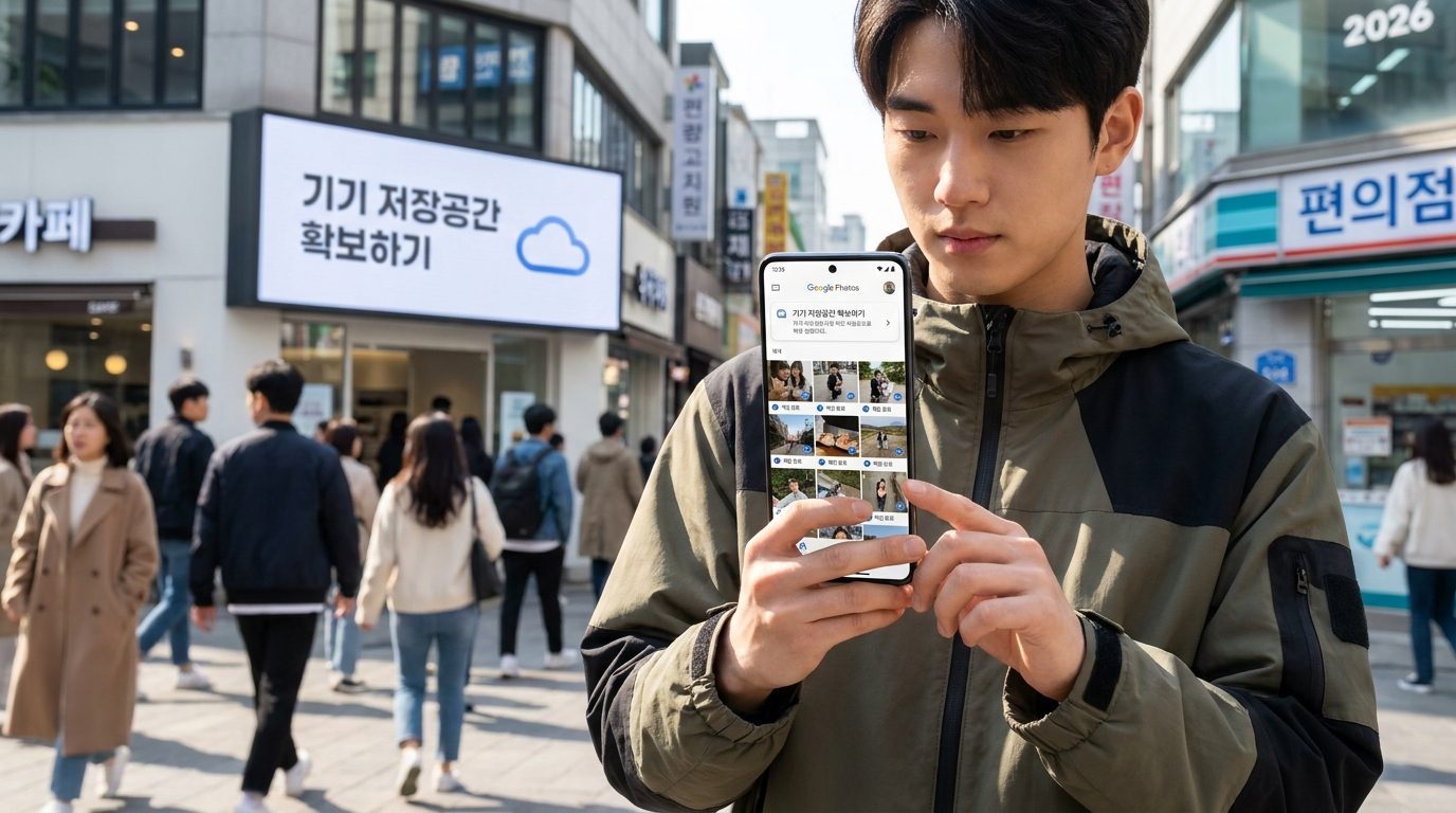 한국 도시 거리에서 구글포토 앱을 사용해 사진 백업 완료 표시가 보이는 스마트폰 화면을 들여다보는 젊은 남성 모습