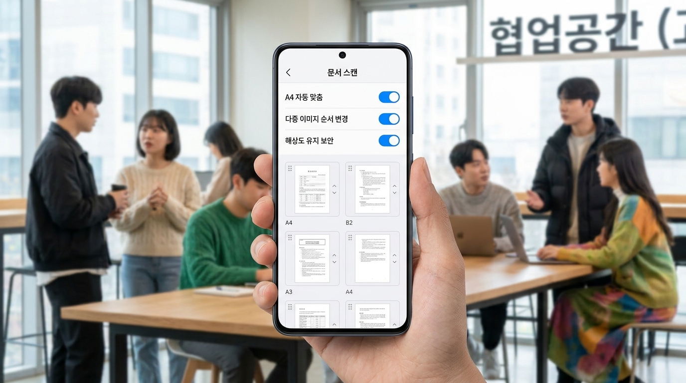 스마트폰 스캔 앱 화면에 A4 자동 맞춤 등 주요 기능이 한글로 표시된 모습