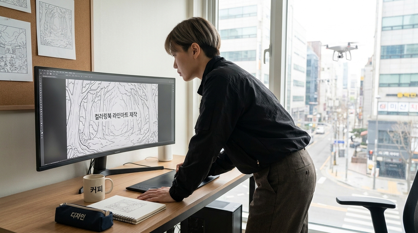 컬러링북 라인아트 제작을 위해 컴퓨터 앞에서 작업하는 현대적인 한국 젊은이의 모습, 자연광과 실감나는 디테일이 돋보이는 이미지