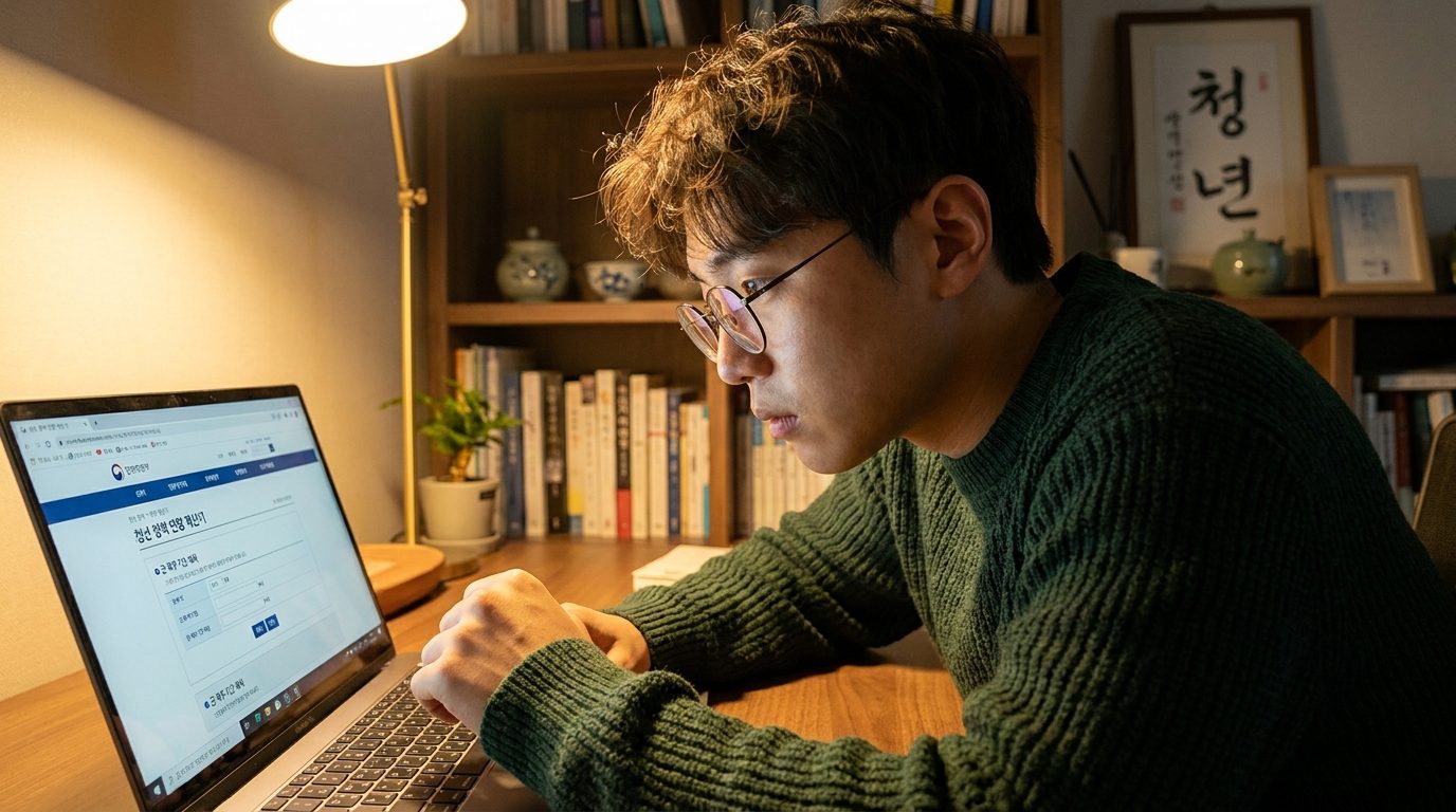 따뜻한 조명 아래 노트북으로 군 복무 기간 제외 관련 자료를 확인하는 한국 청년의 모습