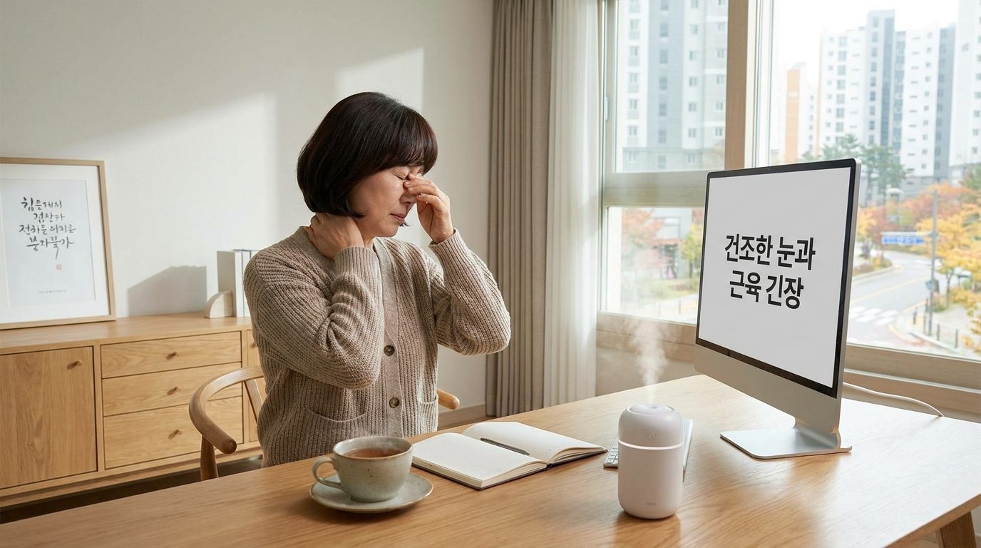 선풍기 바람에 의해 눈이 건조해지고 목과 어깨 근육이 긴장한 중년 여성의 모습