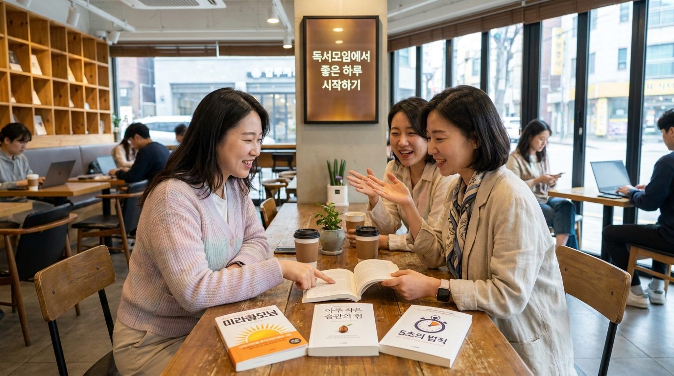 모던한 카페에서 아침 루틴 관련 책을 읽으며 토론하는 화사한 봄 옷을 입은 한국 여성 독서모임