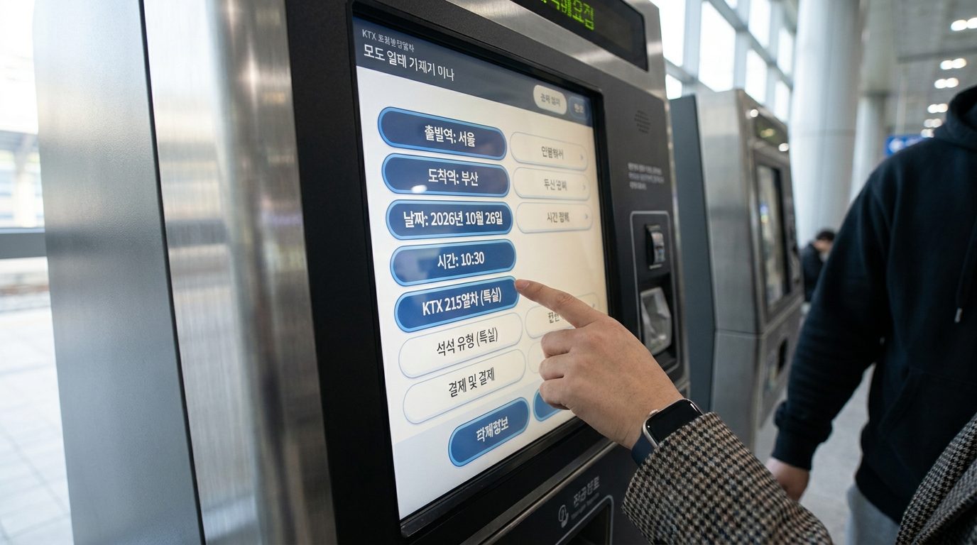 무인 발권기에서 출발역과 도착역, 날짜와 시간을 입력하는 화면
