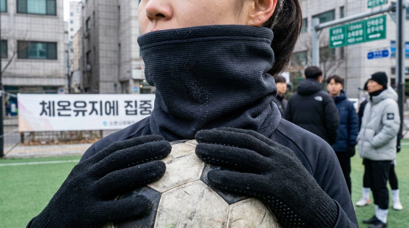 겨울 야외 풋살 경기에서 기능성 넥워머와 실리콘 패턴 장갑을 착용한 여성 선수의 목과 손 클로즈업