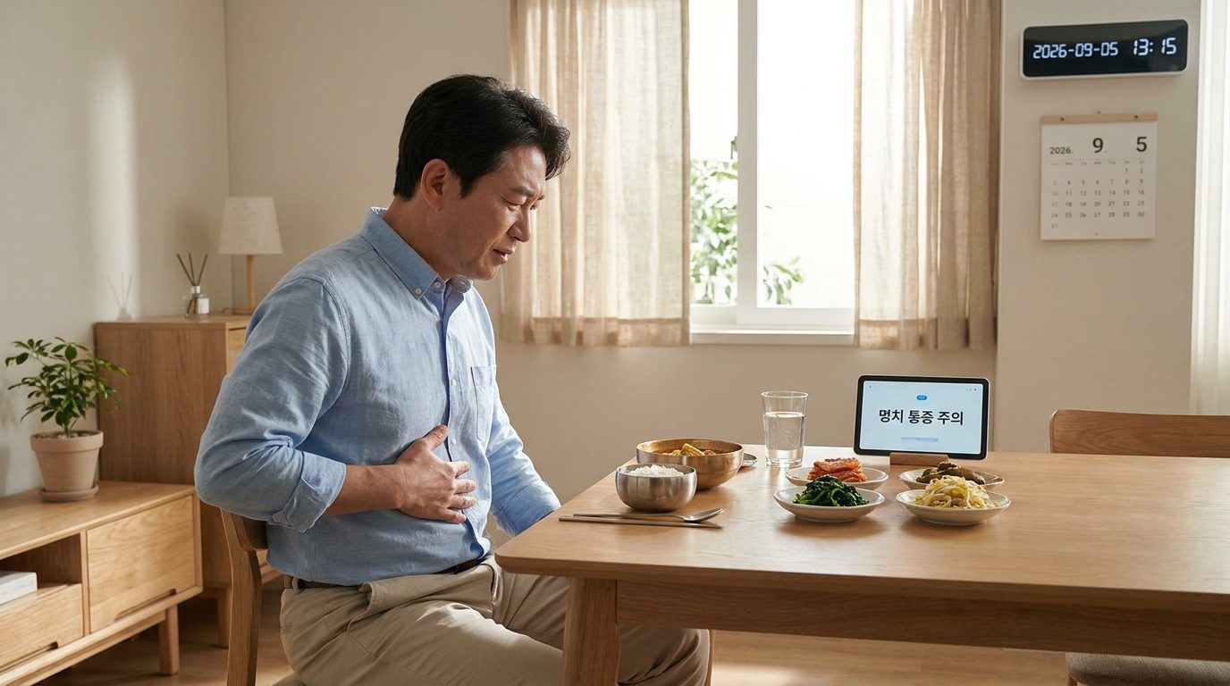 복부가스 원인, 밥을 먹은 후 명치 아래쪽이 불편해하는 중년 한국 남성의 모습을 담은 실사 이미지