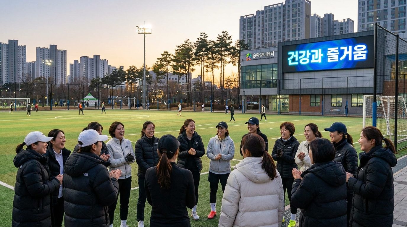 송파구 여자축구 동호회 현황: 송파구 운동장에서 웃으며 모여있는 한국 여성들의 건강한 모습