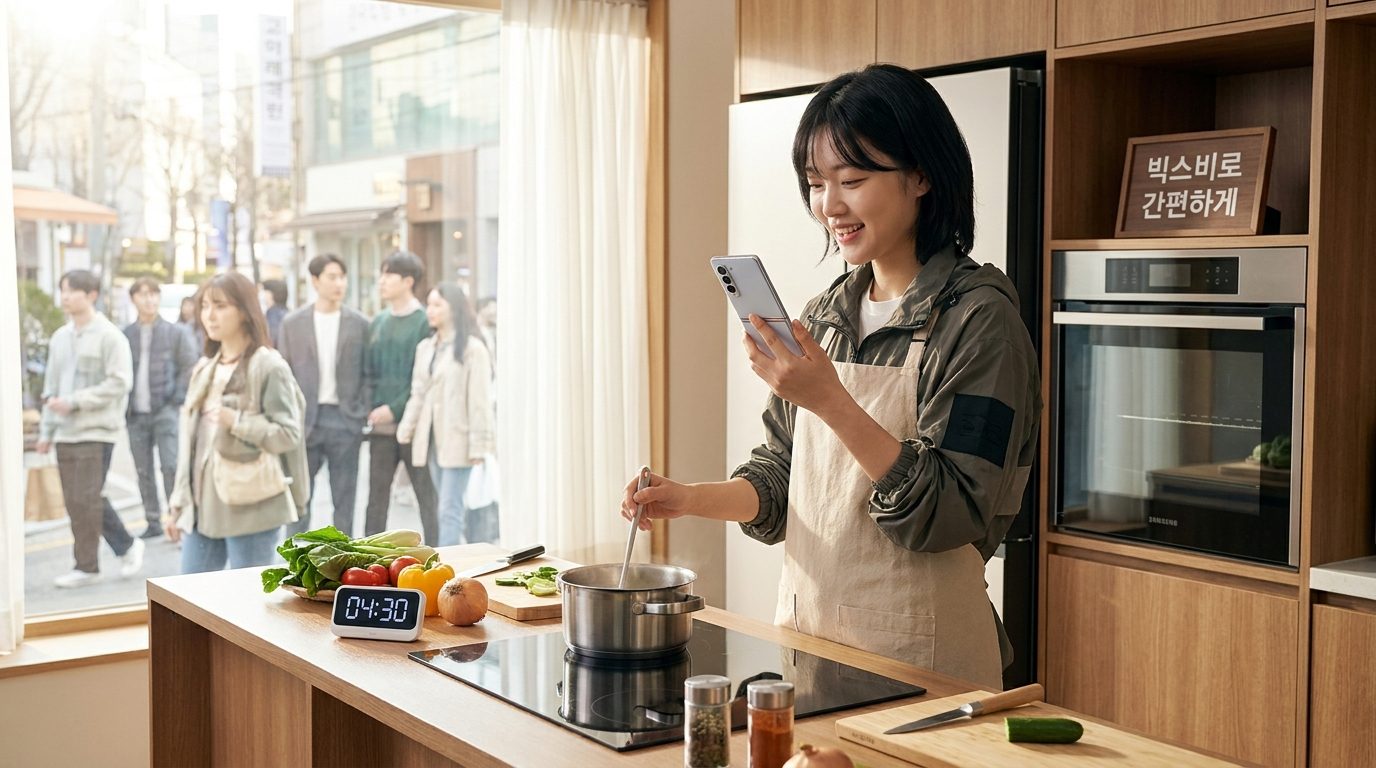 삼성 갤럭시 스마트폰에 빅스비 음성 명령을 사용하는 주방에서 요리 중인 젊은 한국 여성의 실사 이미지