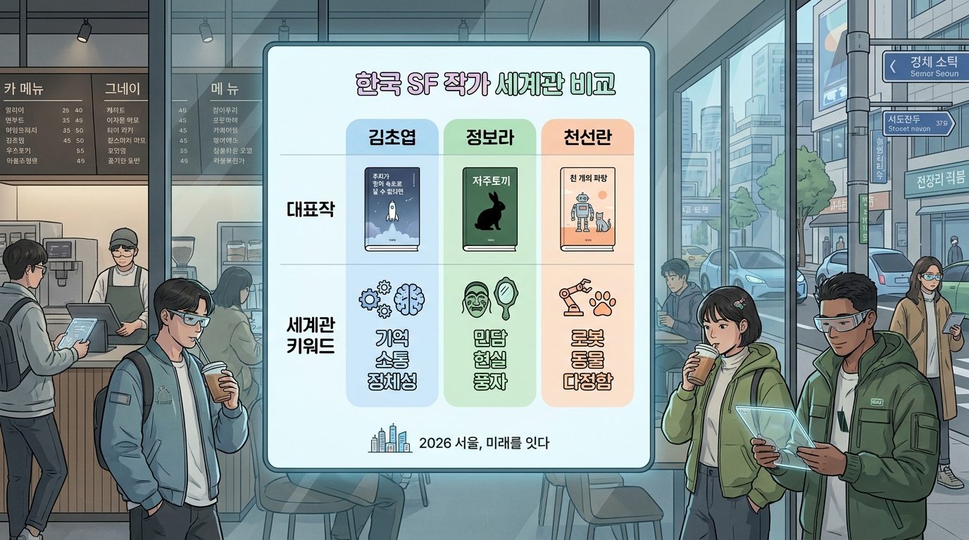 김초엽, 정보라, 천선란 세 작가의 세계관을 비교한 현대적 인포그래픽 이미지