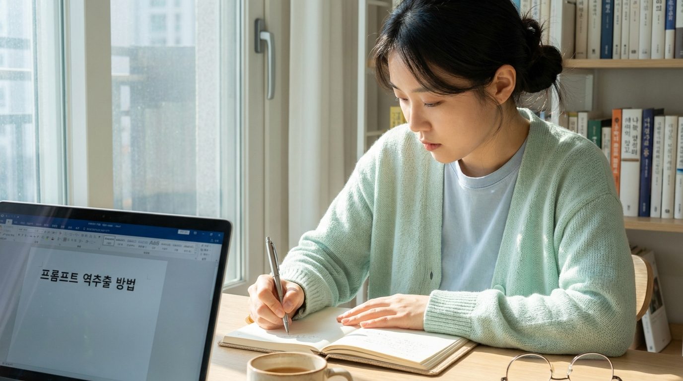 밝고 따뜻한 공부방에서 노트에 필기하며 집중하는 젊은 한국인의 근접 촬영