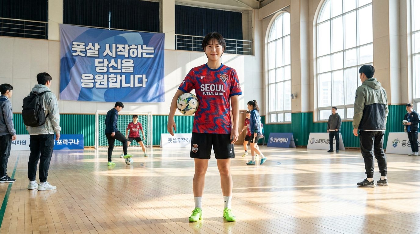 풋살 수비 요령: 현대적이고 밝은 실내 풋살 코트에서 자신감 있는 한국 여성 풋살 선수가 공을 품에 안고 서 있는 모습
