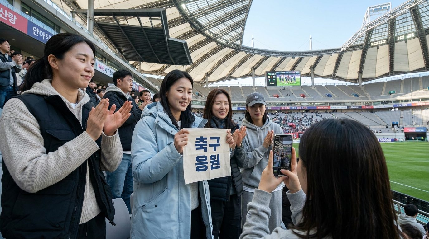 WK리그 경기 중 관중석에서 매너있게 응원하는 여성 팬들