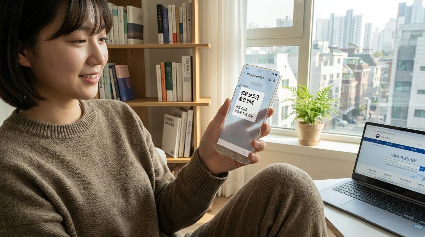 2026년 대한민국 현대 가정에서 정부 지원금 승인 안내 메시지를 스마트폰으로 확인하는 모습